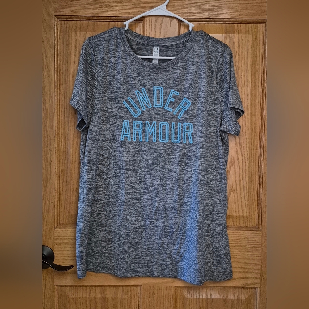 NEW Under Armour Women's Large Gray & Teal Tech Twist Dri-fit SS Shirt